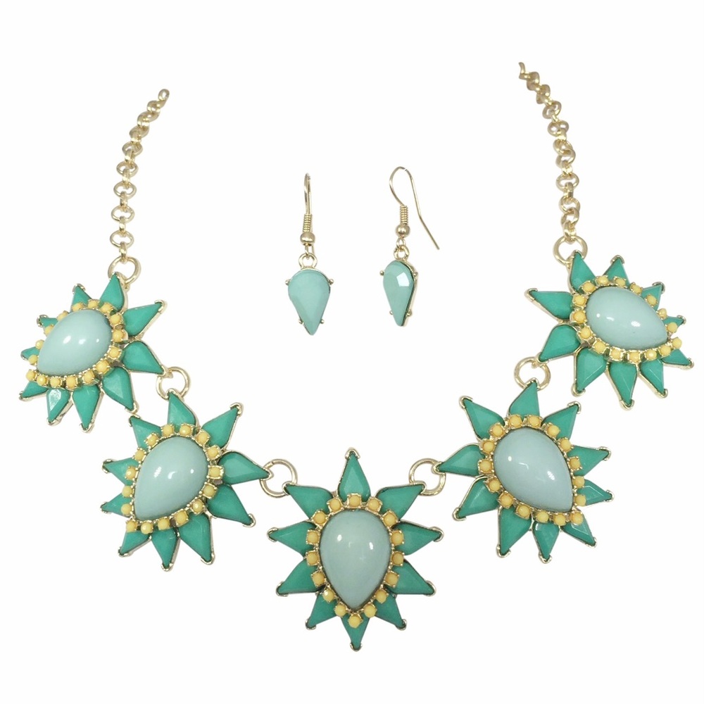 Green Yellow Abstract Spike Necklace Earrings Set